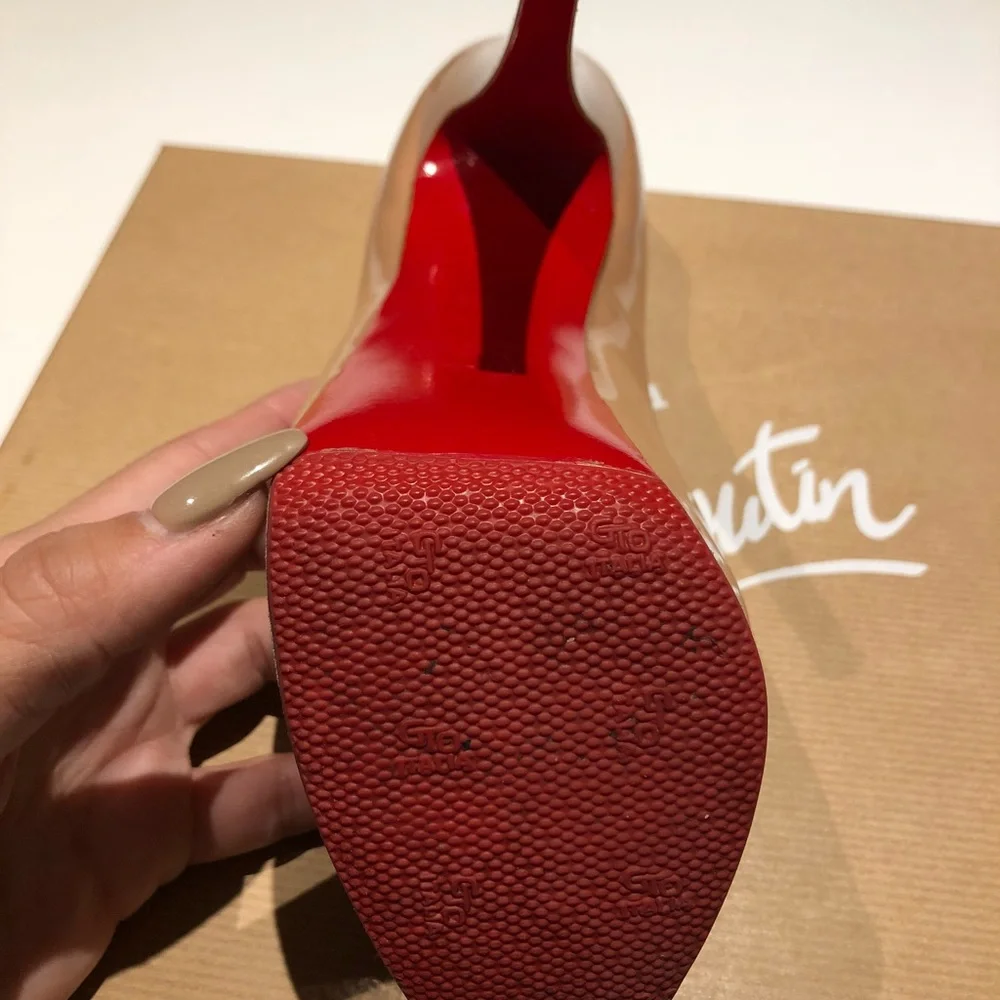 Christian Louboutin Nude Patent Leather Platform Peep-Toe Pumps with Red Sole